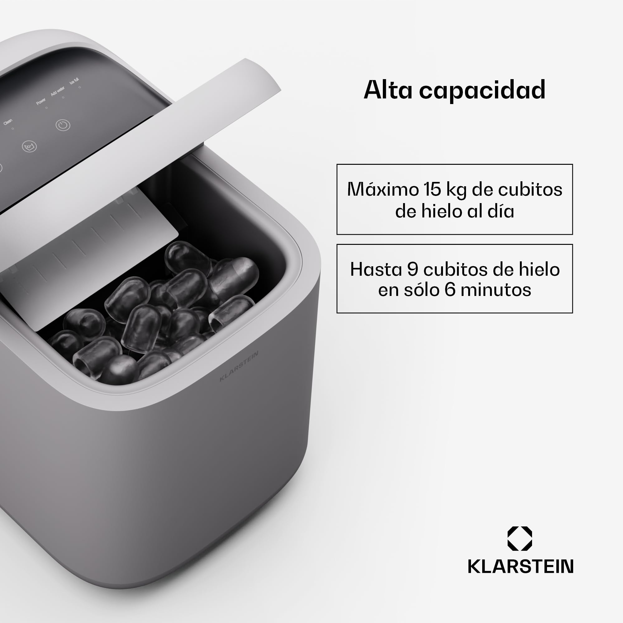 Klarstein SparkIce Máquina de hielo - 15 kg/día, 6 minutos, 2 tamaños de cubitos, panel táctil, limpieza automática, para casa y bar, incluye pala, blanco