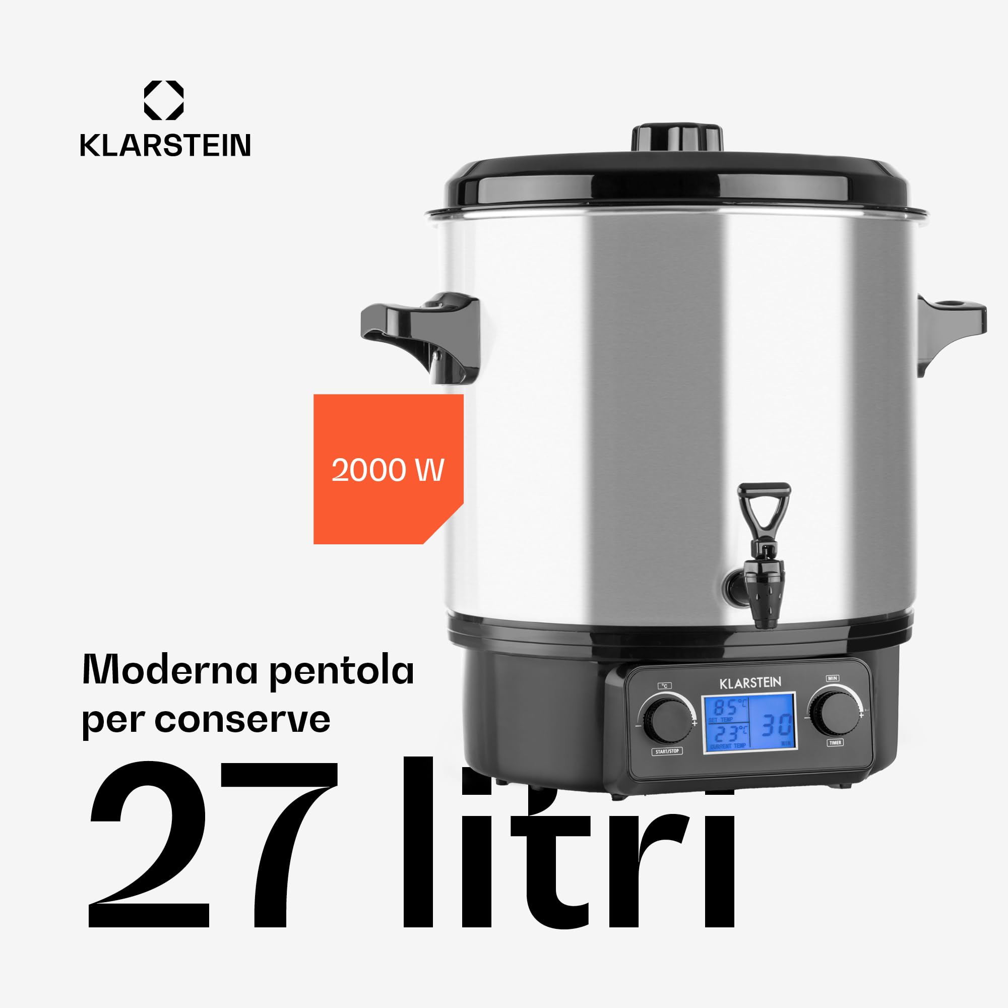 Klarstein Biggie Digital - pentola da infusione, pentola da conserva, apparecchio per il vin brulé, 27 litri, 2 w, temperature programmabile, tempo regolabile a 12 minuti, argento