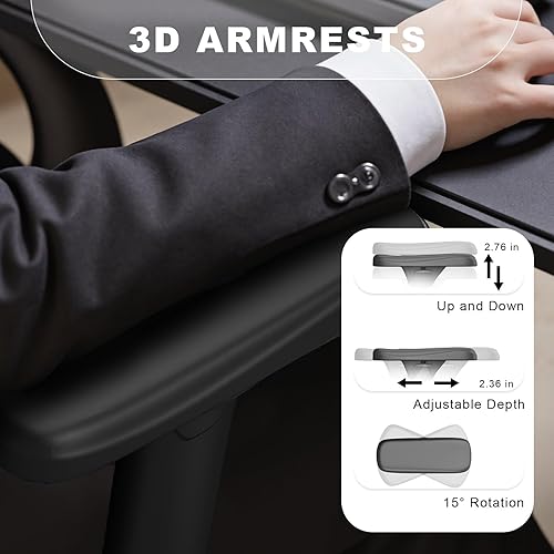 Vista 5 de Ergonomic Office Chair with Adjustable Lumbar Support, High Back Mesh Computer Desk Chairs with Armrest and 3D Headrest, 360° Swivel Wheels and