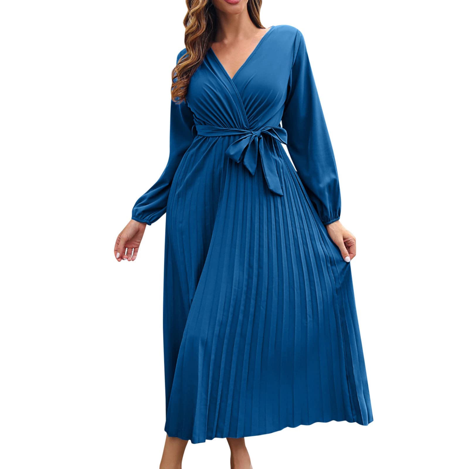 Abito da donna autunnale estivo con scollo a V, maniche pieghettate, abito midi a strati con cintura in vita, linea A, abito lungo da spiaggia con glitter