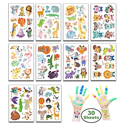 JAHEMU Animal Tattoos Temporary Waterproof Tattoo Stickers for Kids Birthday Christmas Party Favors 30 Sheets