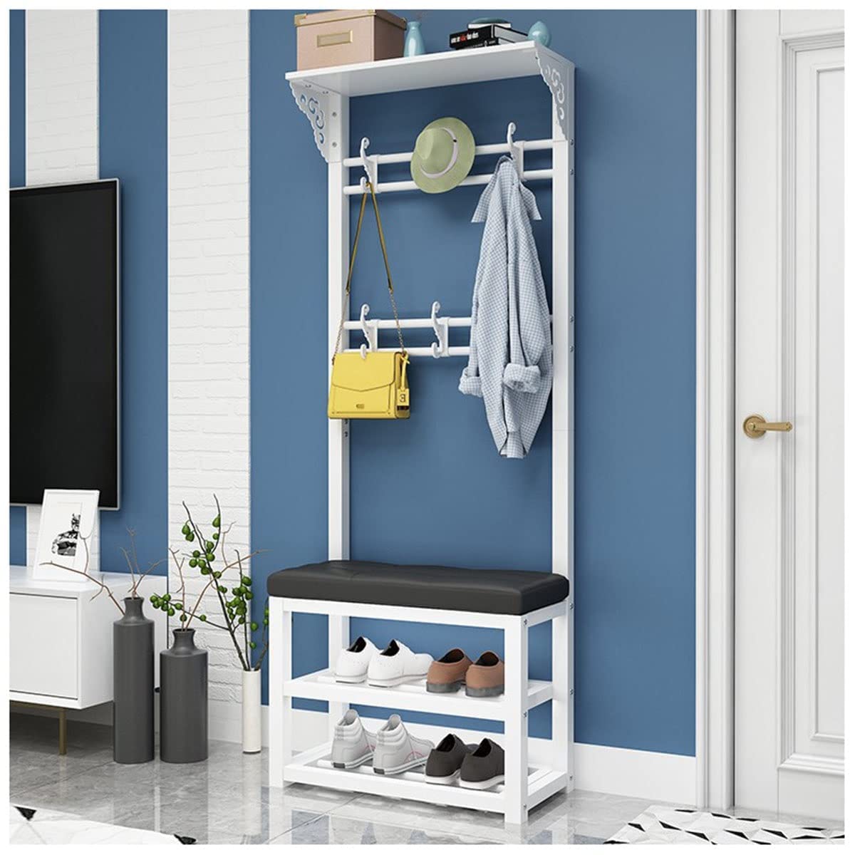 MSHGSKU Multifunctional Coat Rack with Shoe Bench Free Standing Entryway nizer 80cm Tall White & Black Stylish Storage Solution for Home Entryway