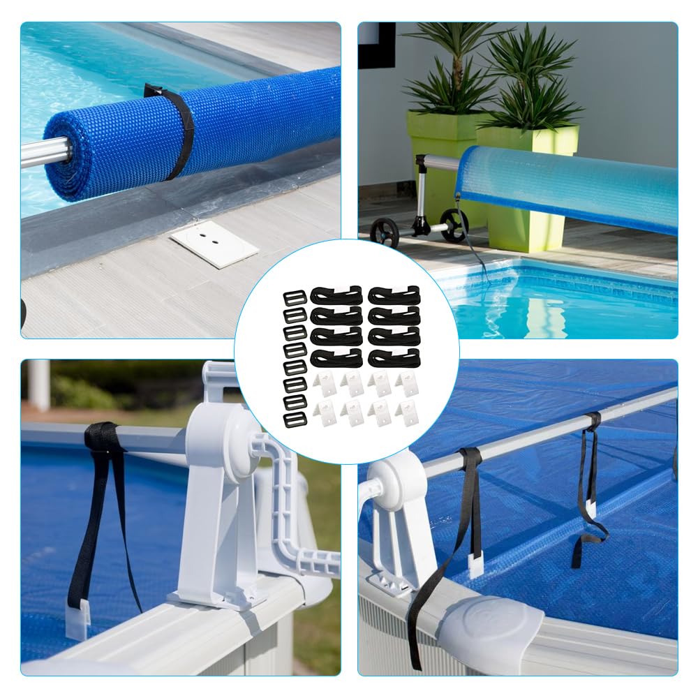 Sistema de Enrollado para Piscina, 8 Set Enrollador de Piscina para Pantalla Solar, Correas de Sujeción para Liner de Piscina, para Lonas/Cubiertas de Piscina