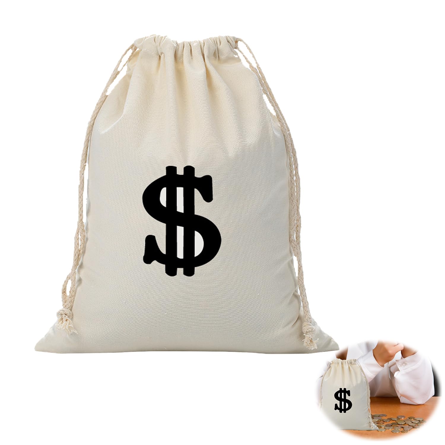 Bolsa de dinero de 28 x 40 cm con símbolo de dólar, bolsa de tela blanca, monedero de ladrón de bancos, monedero versátil, juego de accesorios de ladrón para carnaval, disfraz de ladrón, disfraz de la