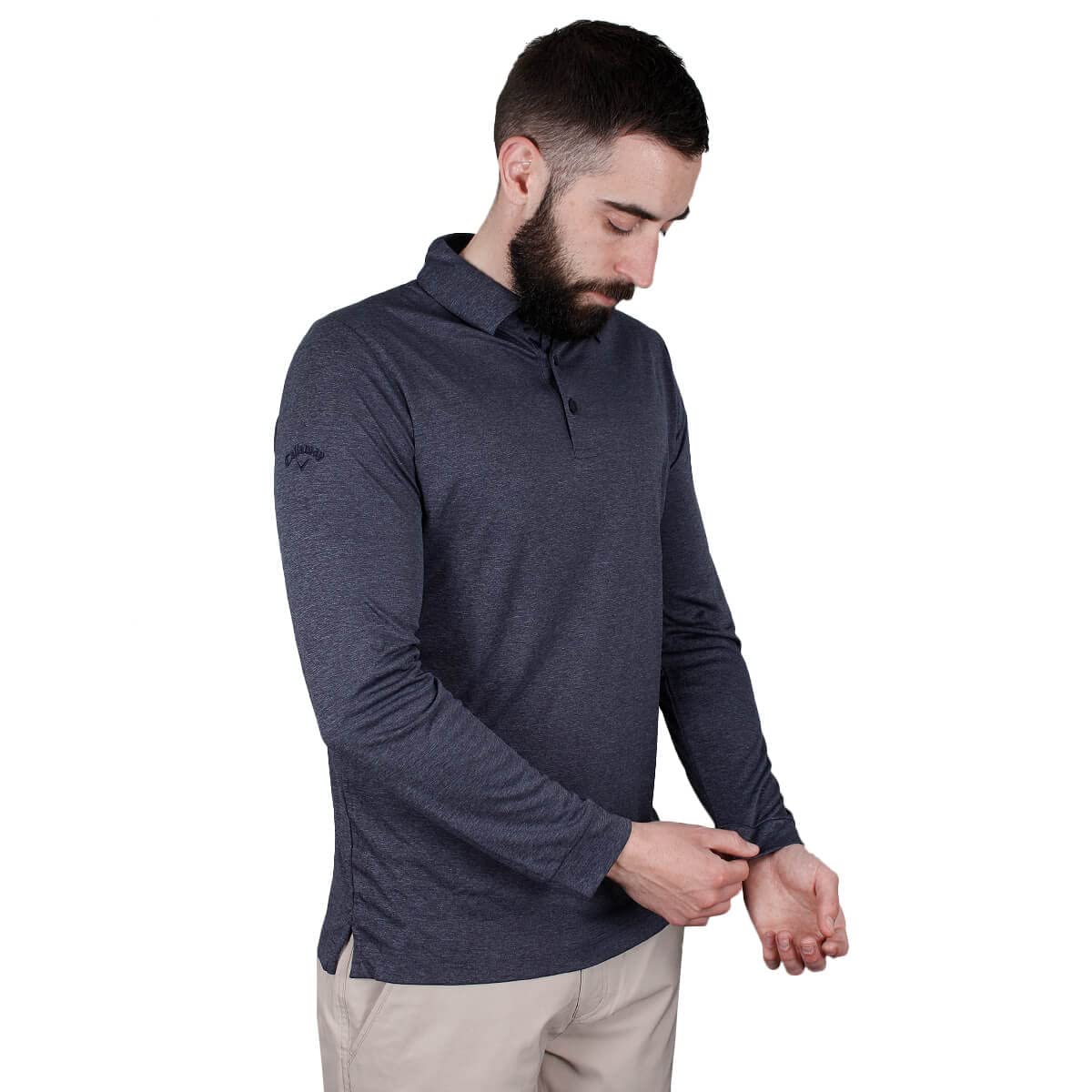 Callaway Men's Navy Chambray Heather Golf Long Sleeve Golf Polo Shirt - S