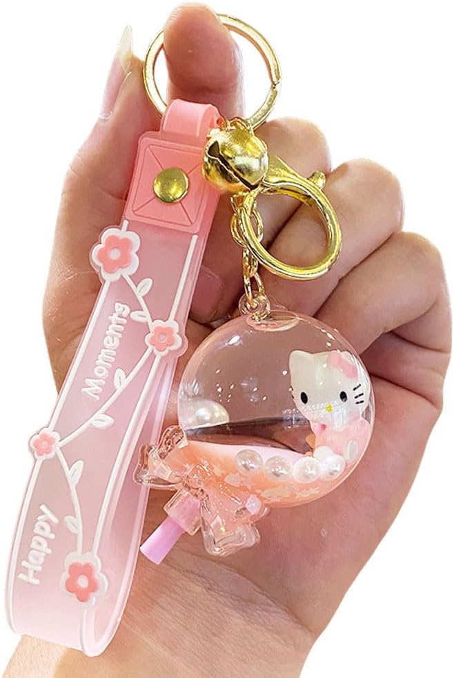 HSYHERE Cute Flower Pink Good Luck Kitty Lucky Cat Keychain Bubble Milk Tea Keyring Moving Sand Key Chain Ring Bag Pendant