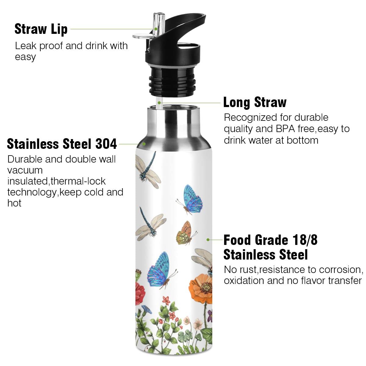 Edelstahl Wasserflasche mit Strohhalm, Libellen Schmetterlinge Isolierte Trinkflasche Sport Wasserflasche für Kinder Erwachsene, auslaufsicher, 1L