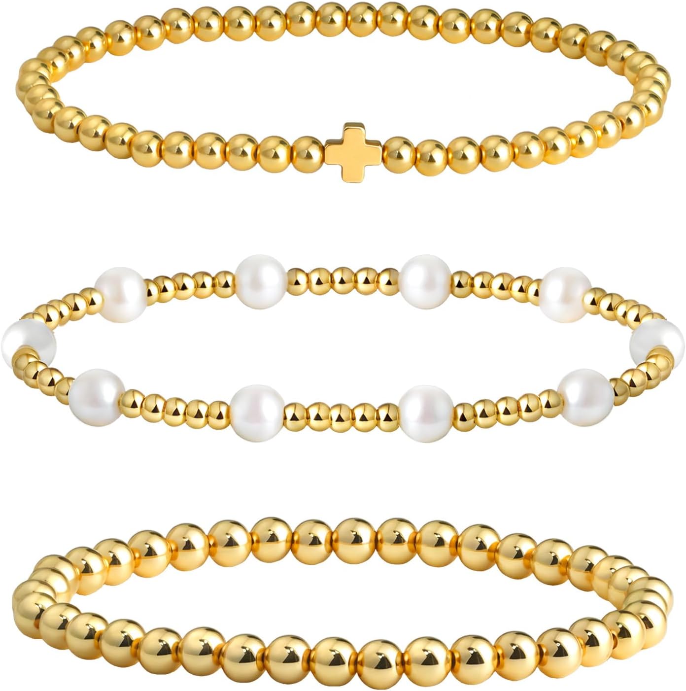Gold Beaded Pearl Bracelets for Women 18k Gold Plated Stretch Stackable Cross Bracelets Boho Christian Jewelry Gifts