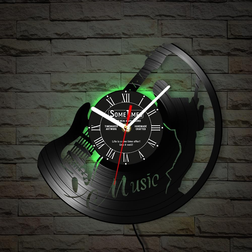 The Geeky Days Music Guitar Wall Clock with Custom Text, 7 Kinds of LED Color Personalized Guitarist Name Vinyl Wall Clock Night Light Musical Instrument Wall Watch Clock Gift for Music Lovers 12 Inch