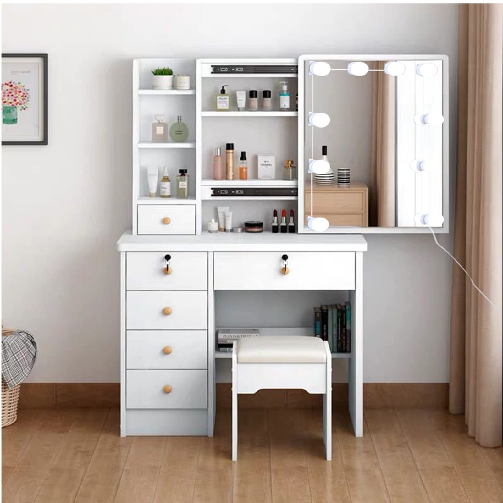 Onesaimei Modern Dressing Table ,White Makeup Vanity Set with Lighted Mirror and Cushioned Stool ,Dresser Desk with 5 Storage Drawers for Bedroom Great Gift for Women Girls