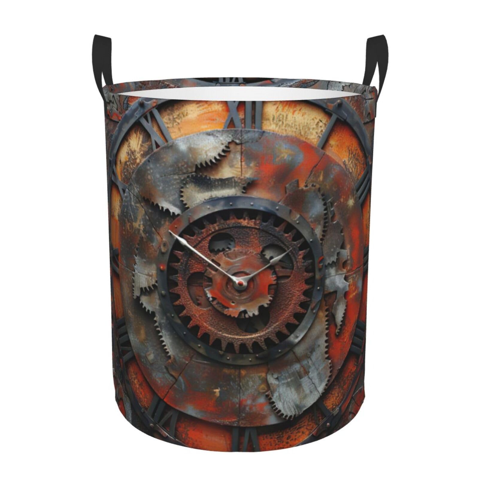 M Collapsible Laundry Hamper Round Clock Gear Print Storage