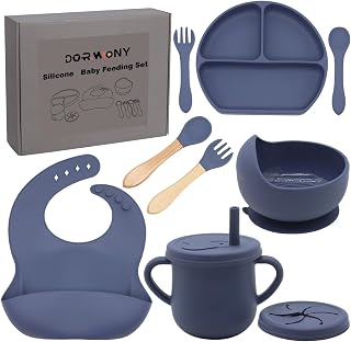 Dormlony 9-Pc 100% Silicone Baby Feeding Set - BPA-Free Suction Bowl, Divided Plate, Self-Feeding Spoons/Forks, Sippy Cup & Bib (Navy Blue)