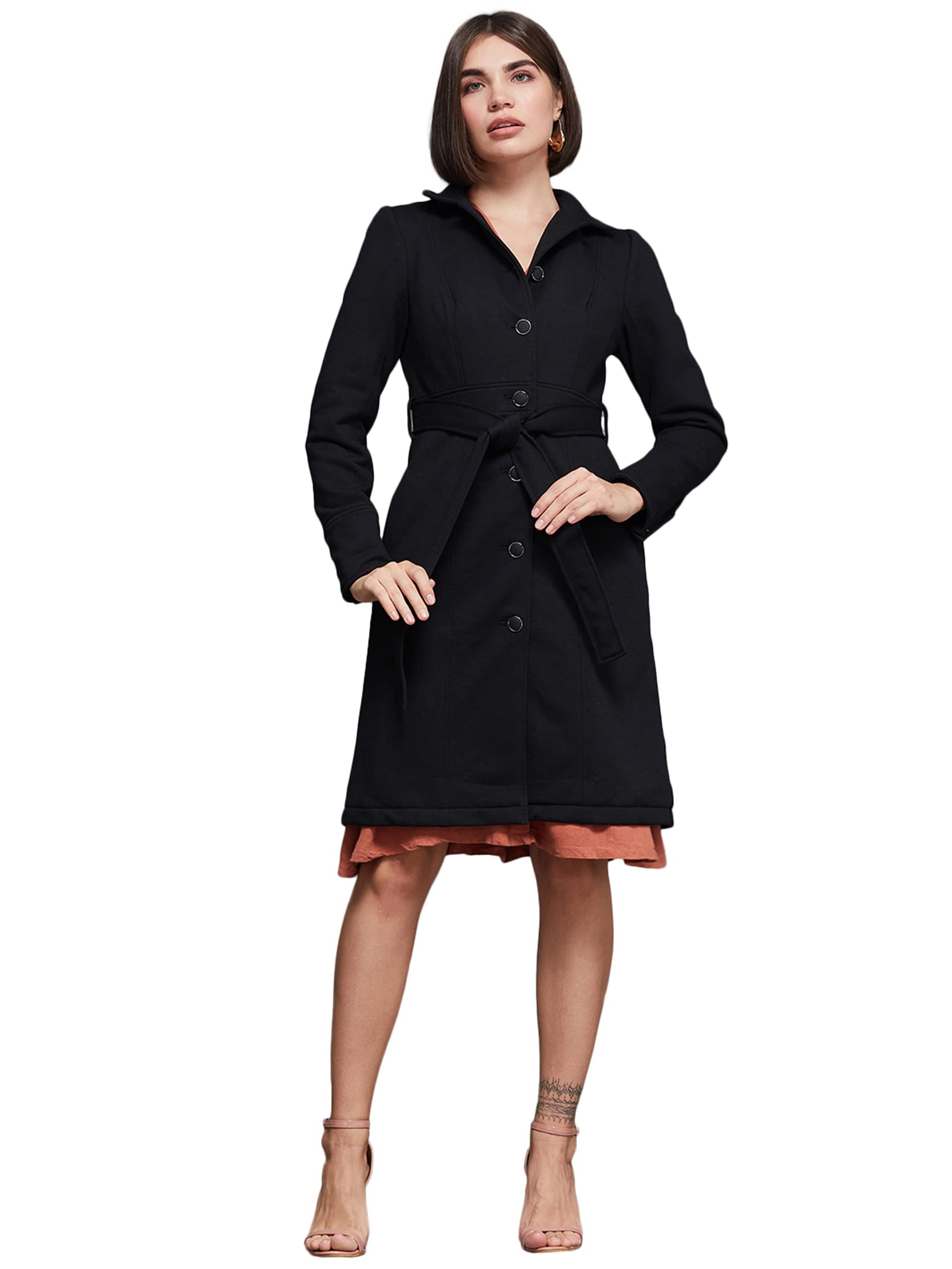 miss chase Women's Black Collared Full Sleeve Solid Longline Jacket-picture-24