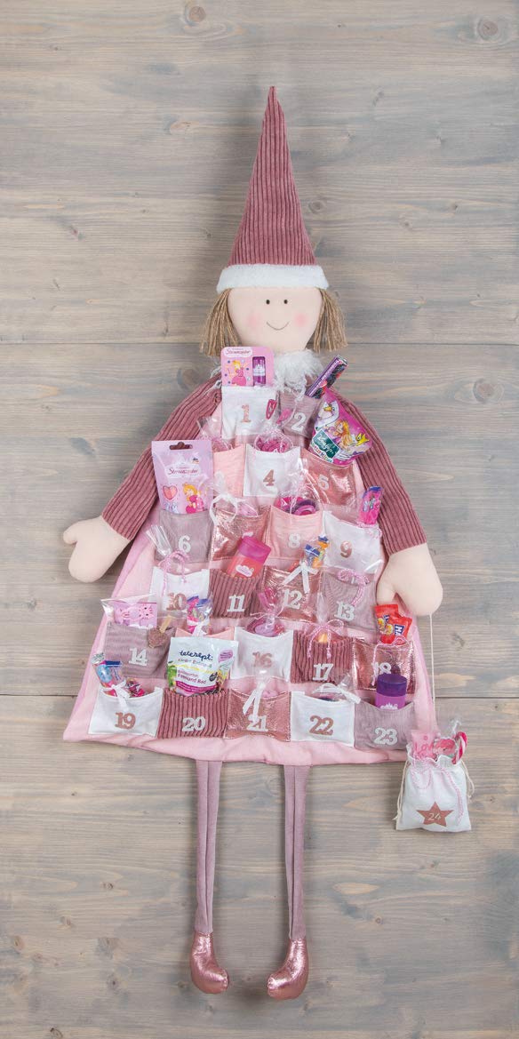 Rayher 46455258 calendrier de l’avent XXL, en forme de lutin de Noel, à suspendre, en tissu de couleur rose, à garnir soi-même, réutilisable chaque année, 118 x 53 cm, calendrier pour fille