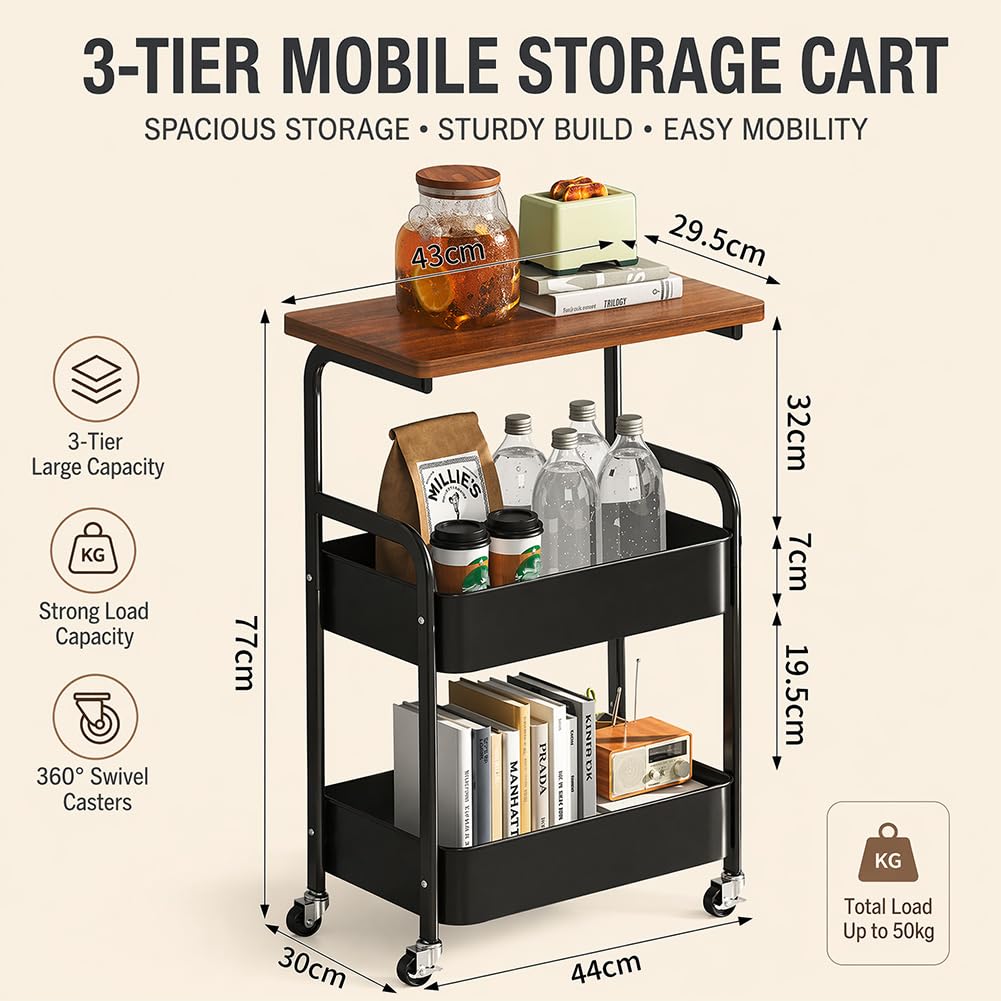DASIAUTOEM Carro con ruedas de 3 niveles, color negro, con tableros ranurados, mesa de mesa, carrito de manualidades, carrito de libros, carrito de servir, carrito de cocina con ruedas, carrito de