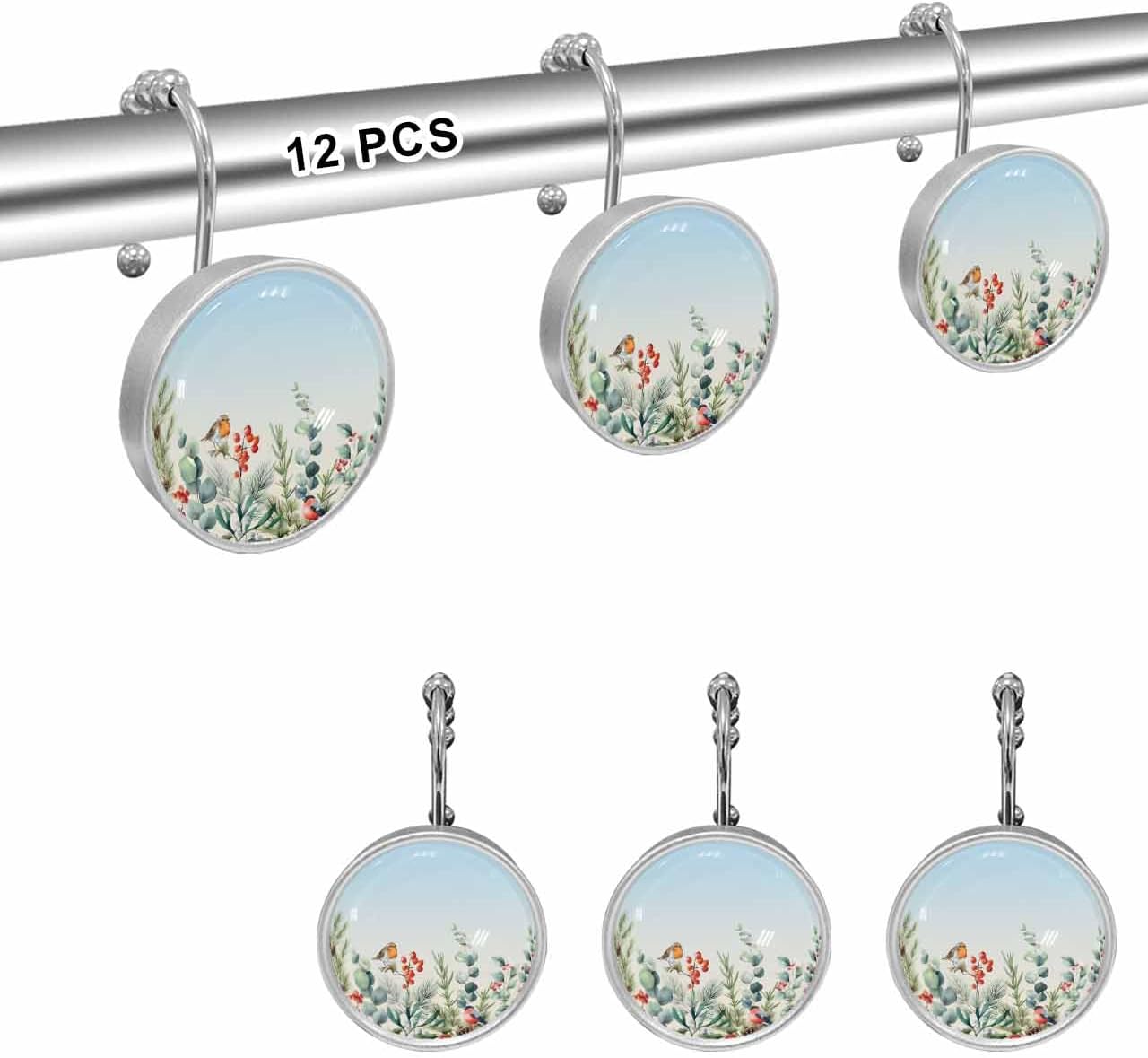 Shower Curtain Hooks Set of 12 Winter Christmas Watercolor Leaves Bird Decorative Rings for Bathroom Stainless Steel Rustproof Roller Shower Curtain Hangers for Bathtub