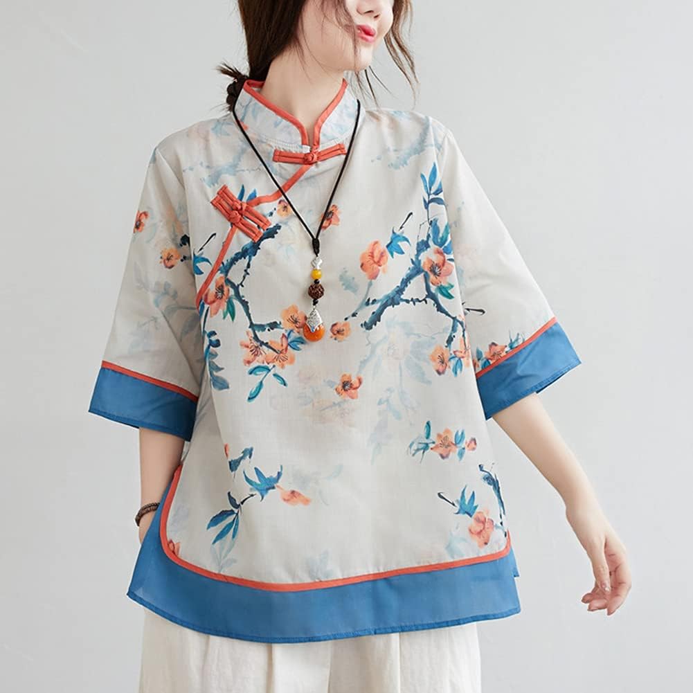 LUZU JUNU Summer Linen Shirt for Women Elegant Retro Chinese Frog Button Cute Floral Tunic Tops Blouse - Image 3