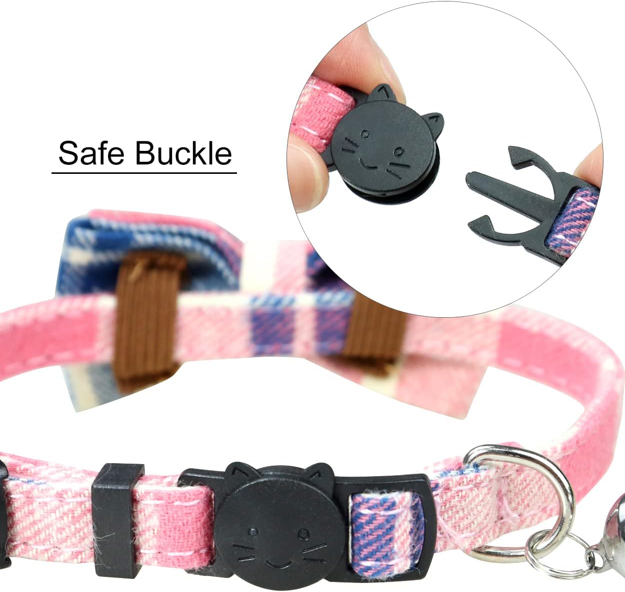 Dynmeow Plaid Pattern Cat Collars Breakaway with Bell & Bowtie, Pink