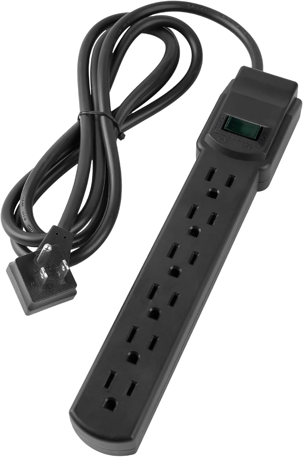 6-Outlet Surge Protector – 250 Joules, 6ft Cord, 15A/125V, 1875W Max – Right Angle Plug, Black – Home, Office, & Electronics Protection
