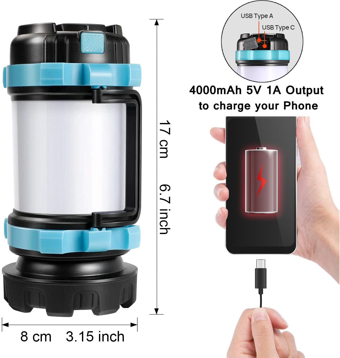 Lampe Camping Rechargeable, Lanterne Camping LED, Alimentée par Batterie, Lampe de Camping Portable et Lumineuse Pour les Urgences, les Randonnées en Plein Air et les Pannes de Courant