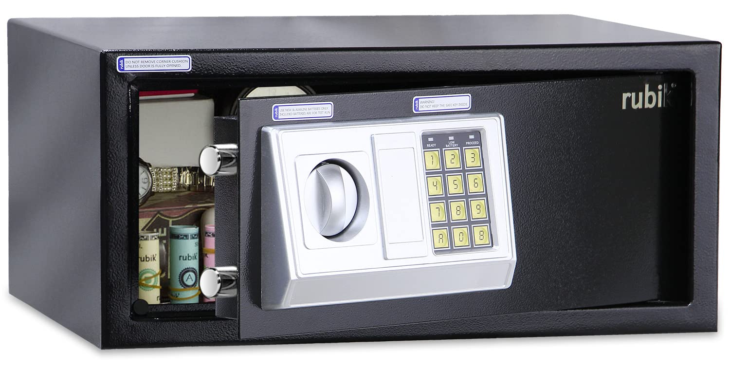 Rubik Cabinet Safe Box with Key & Pin Code, Programmable Wide Safety Vault For Home Office (RB-EDA200, 20x43x35cm, 8.5KG) Black