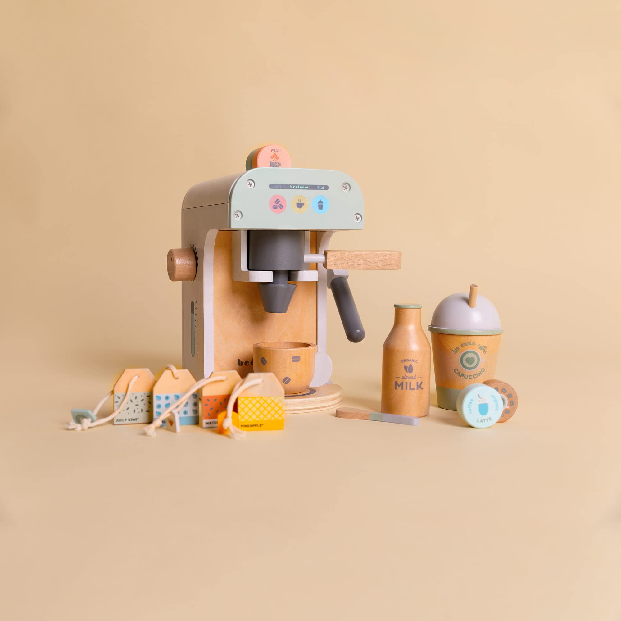 Beeloom - Cafetera de Madera Natural de Juguete Infantil, Lalapresso, Set Juego simbólico para niños y bebés, cápsulas Accesorios