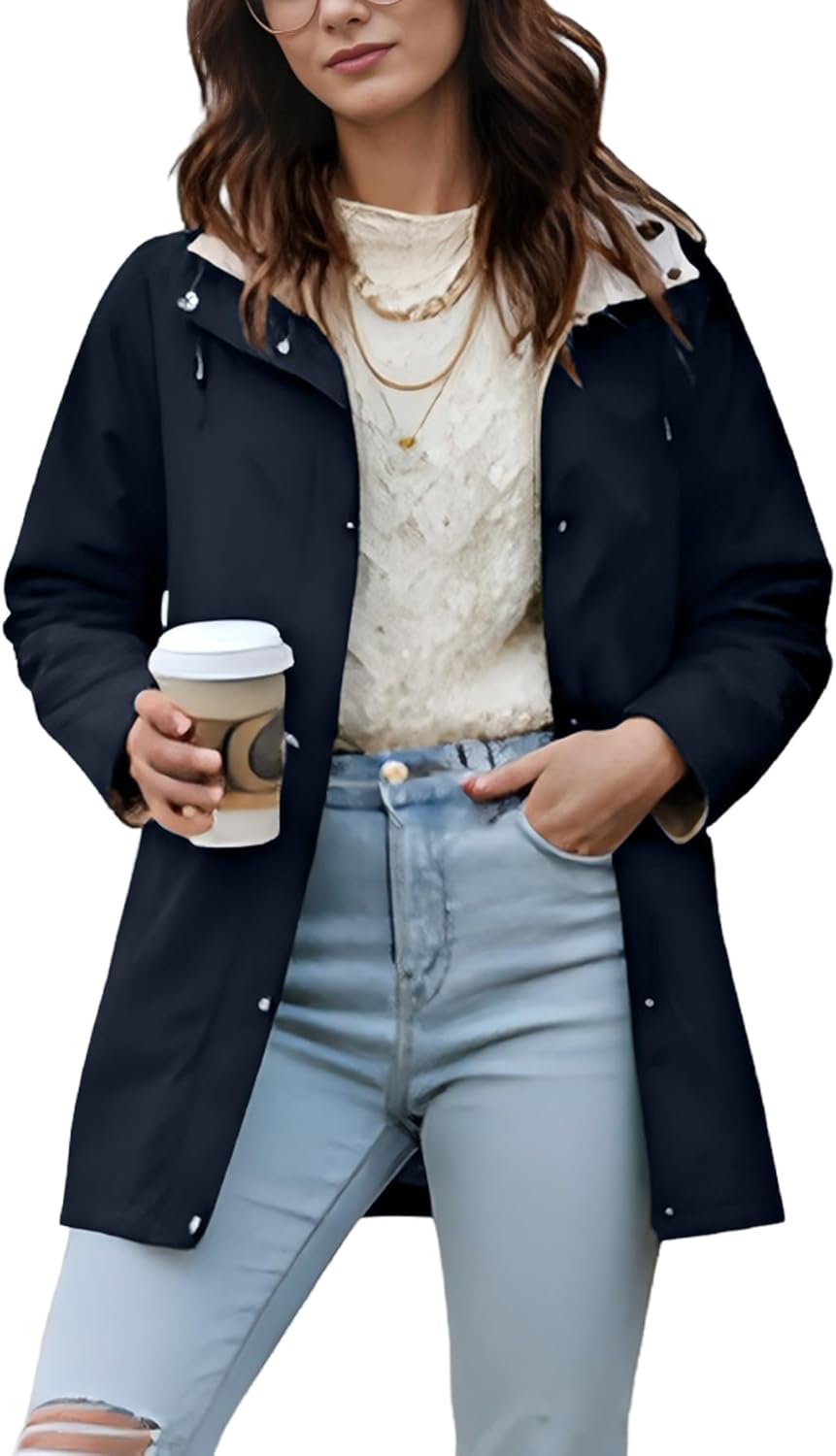 Women Reversible Trench Coat Lightweight Jacket Long Hooded Overcoat Windbreaker Outdoor Raincoat - Image 2