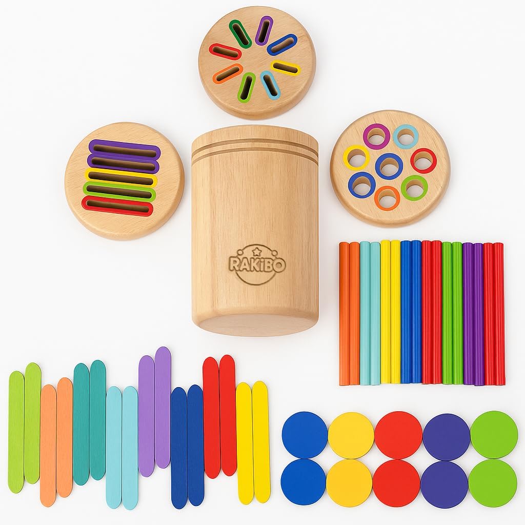 Montessori Color Sorting Toy for Toddlers Ages 1 2 3 4 5 – Wooden Educational Toy with Lids, Pegs, Sticks & Discs – Fine Motor Skill & Sensory Activity Toy for Boys & Girls