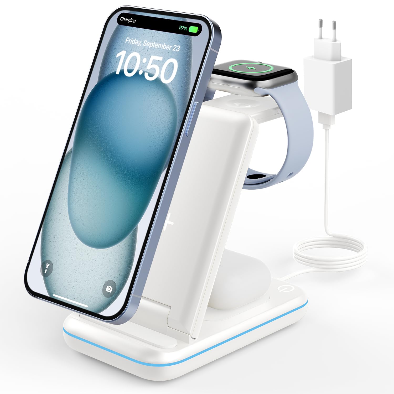 JoyGeek Caricabatterie wireless 3 in 1, per i Phone 15/14/13/12/11/Pro Max/X/8, stazione di ricarica induttiva per iWatch 9/Ultra/SE/8/7/6/5/4, AirPods 2/3/Pro, con adattatore QC (Bianca)