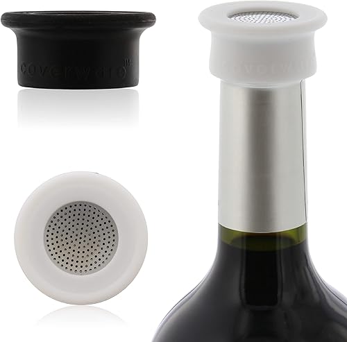 Drink Tops - Fundas para botellas ventiladas, paquete de 2, color negro y blanco, fundas de silicona sin BPA para proteger el vino de elementos al