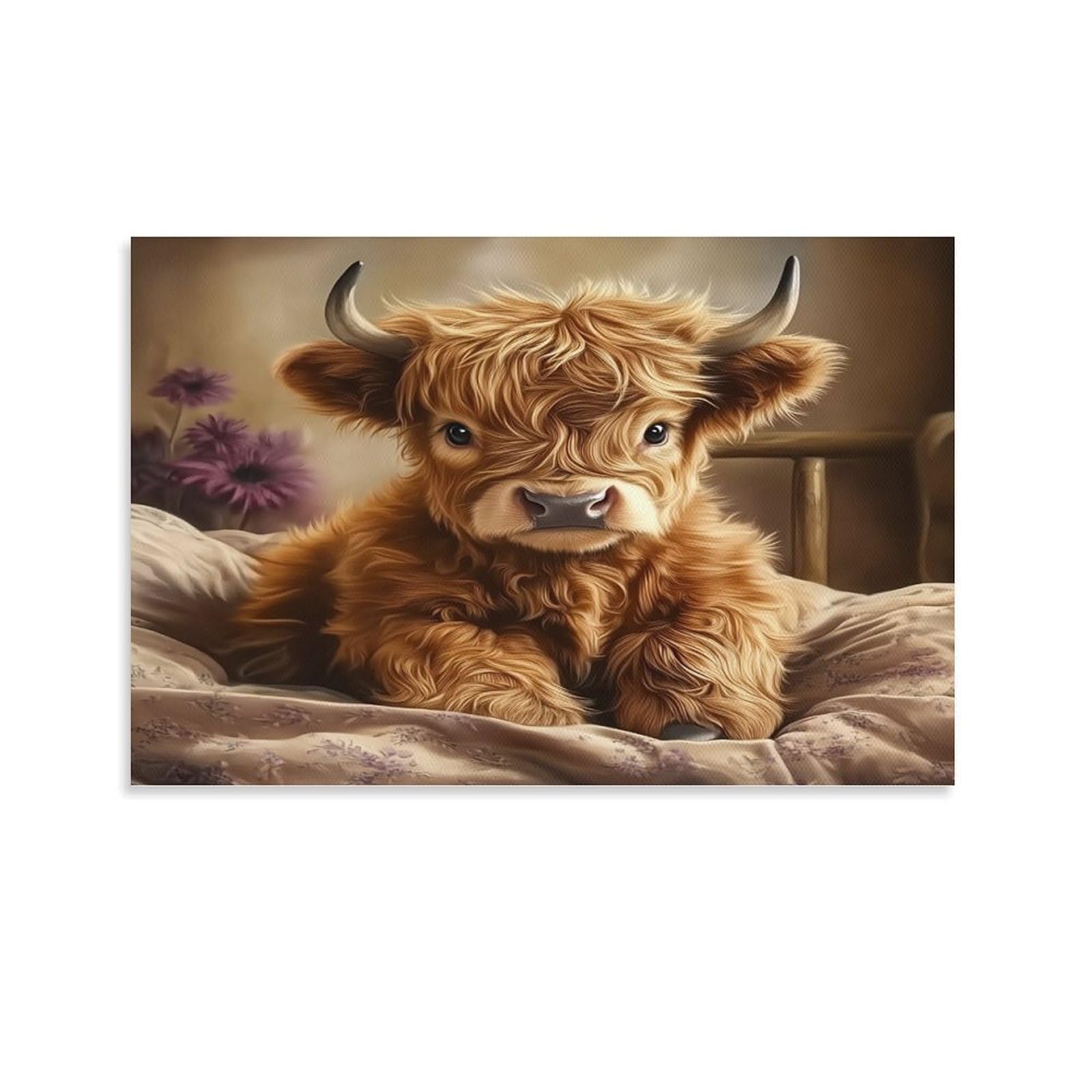 CPLVKWRQJ Cute Highland Calf Single Fluffy Calf Soft Pillow Canvas Wall Art - Housewarming Gift Living Room Focal Point Ready to Hang Decor 24x36inch(60x90cm)