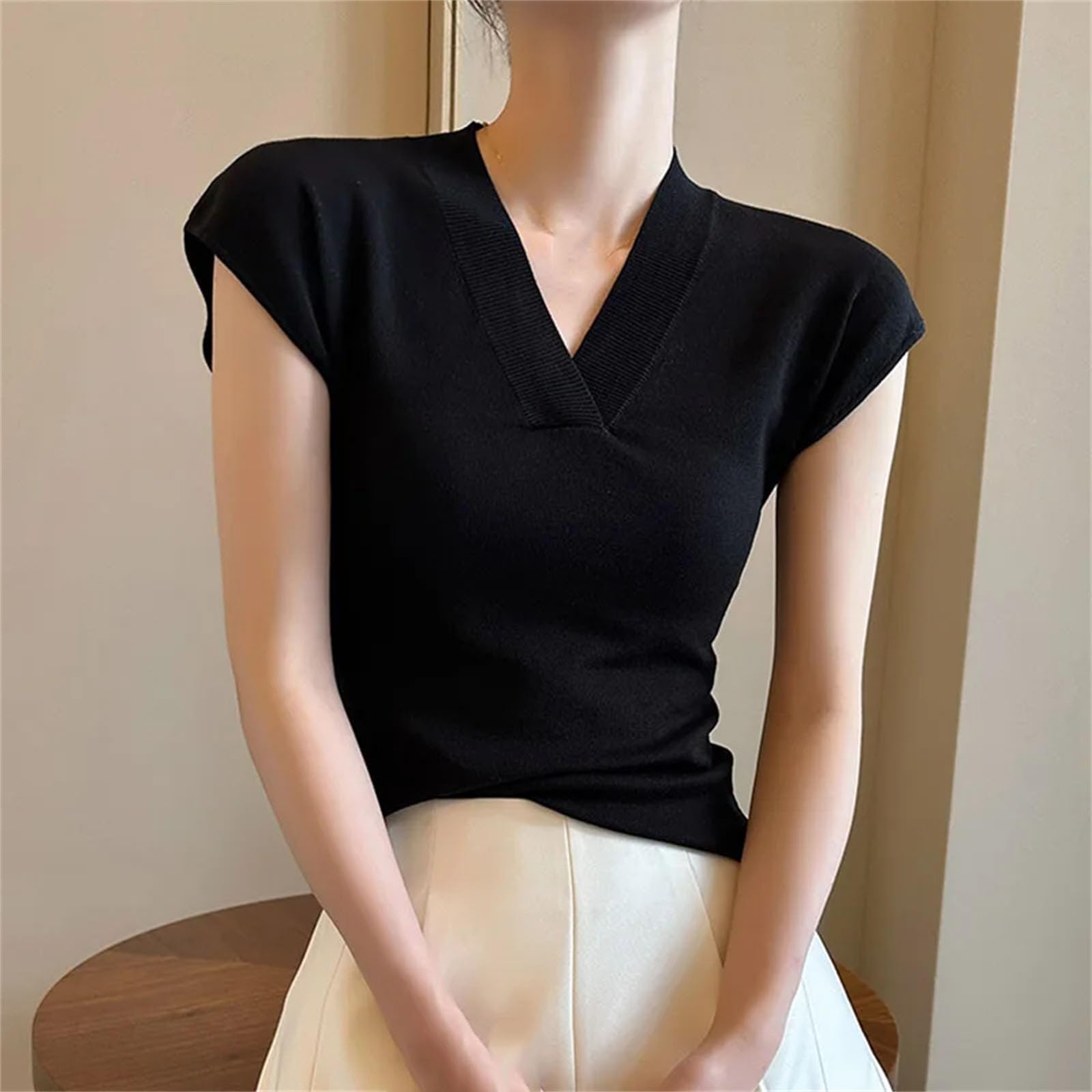 Top da donna con scollo a V, tinta unita, sottile, senza maniche, morbido, elastico, da ufficio