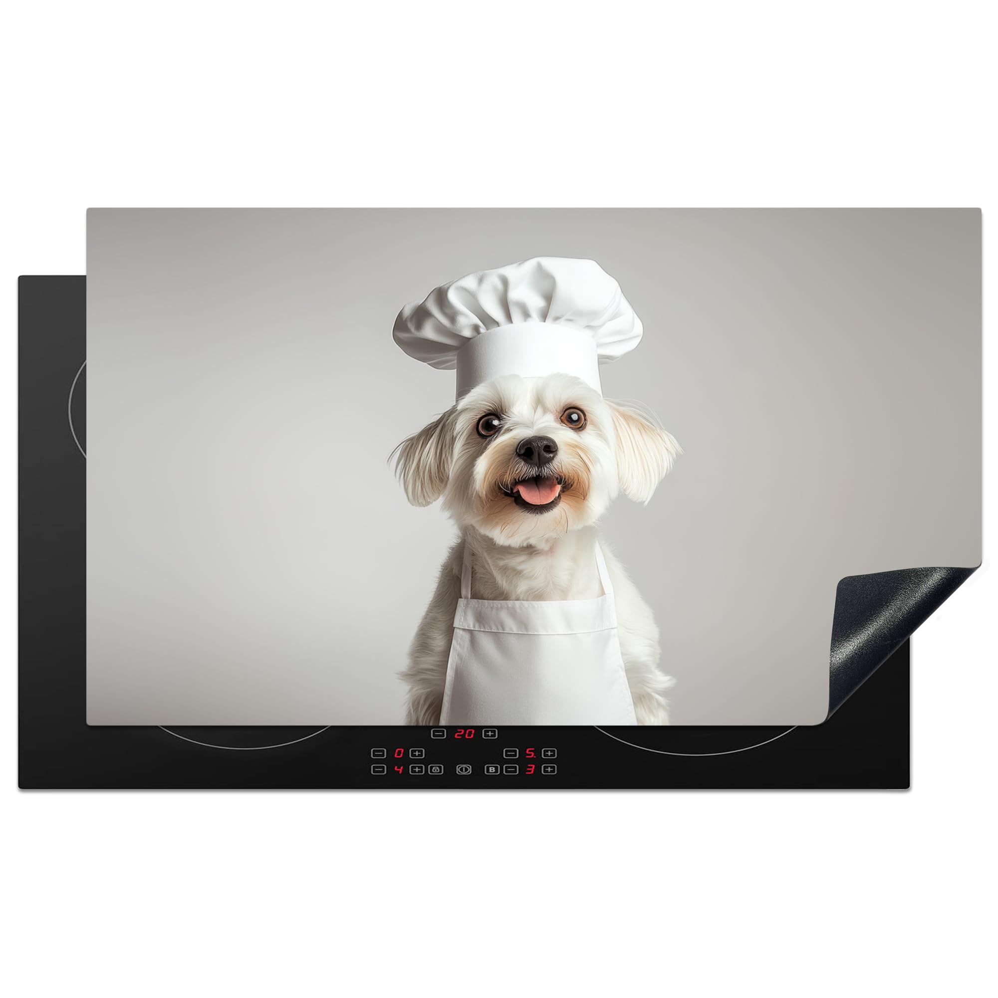 KitchenYeah© Induction Hob Protector Mat 20.5"x35.4" / 90x52 cm Cooker Top Protectors Cover Ceramic Covers Electric Hobs Vinyl Dog - White - Chefs Hat