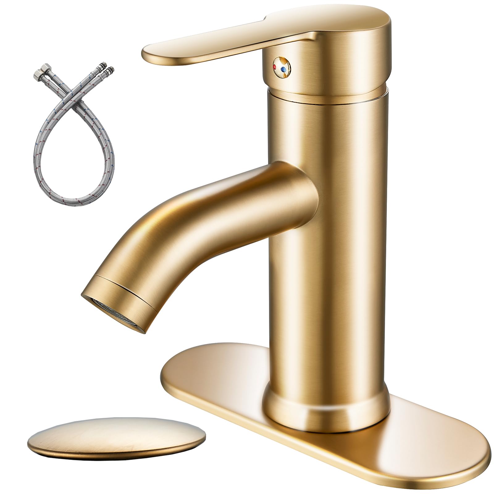 Bathroom Faucet Brushed Gold Single Handle Vanity wash Basin Modern RV Faucet with pop-up Drain for 1 Hole or 3 Hole Bathroom Sink Installation (Brushed Gold, Short)