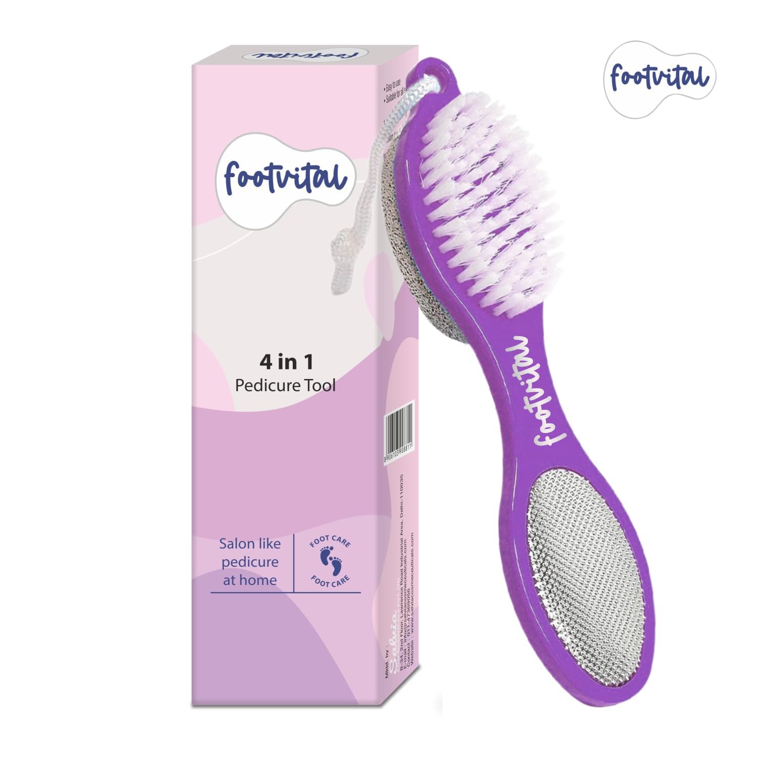 FOOTVITAL 4 in 1 Pedicure Tool for Rough & Dry Feet Dual-Sided with Pumice Foot Tool Stone Soft Brush Steel Scrubber & Emery File Softens Hard Foot Corns & Calluses (Purple) - Image 2 thumbnail