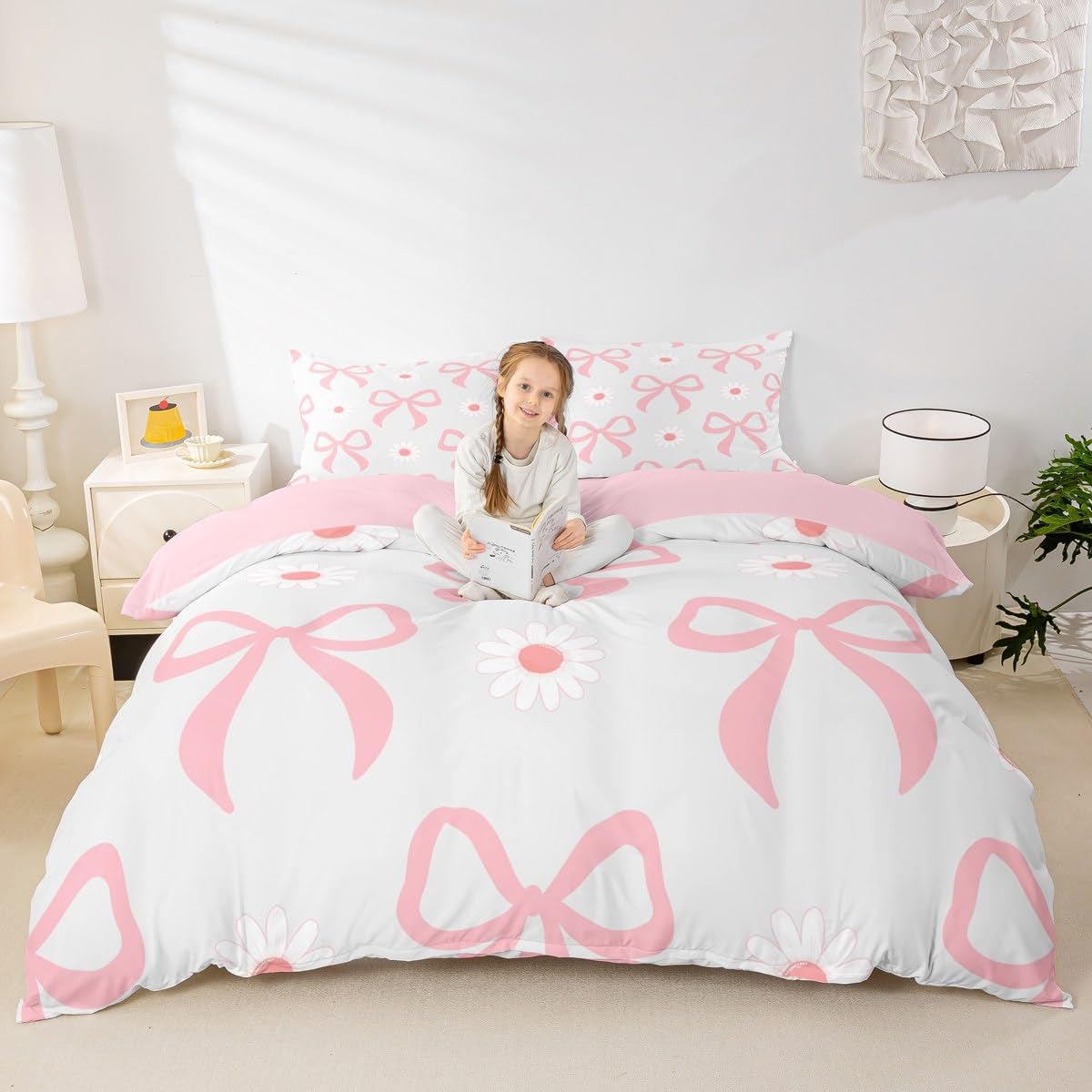 Homewish Kawaii poszewka na kołdrę z kokardą podwójna dla dzieci chłopców dziewcząt, uroczy zestaw pościeli z kokardą, kreskówkowa stokrotka poszewka na kołdrę, zestaw pościeli w stylu księżniczki z 2