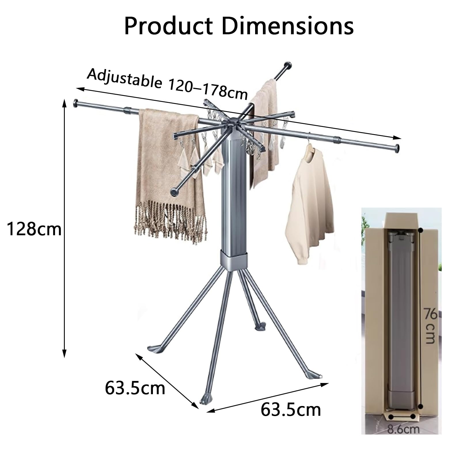 Stendibiancheria pieghevole con 16 clip in acciaio inox e 8 aste espandibili, può contenere fino a 49,9 kg per calze e asciugamani