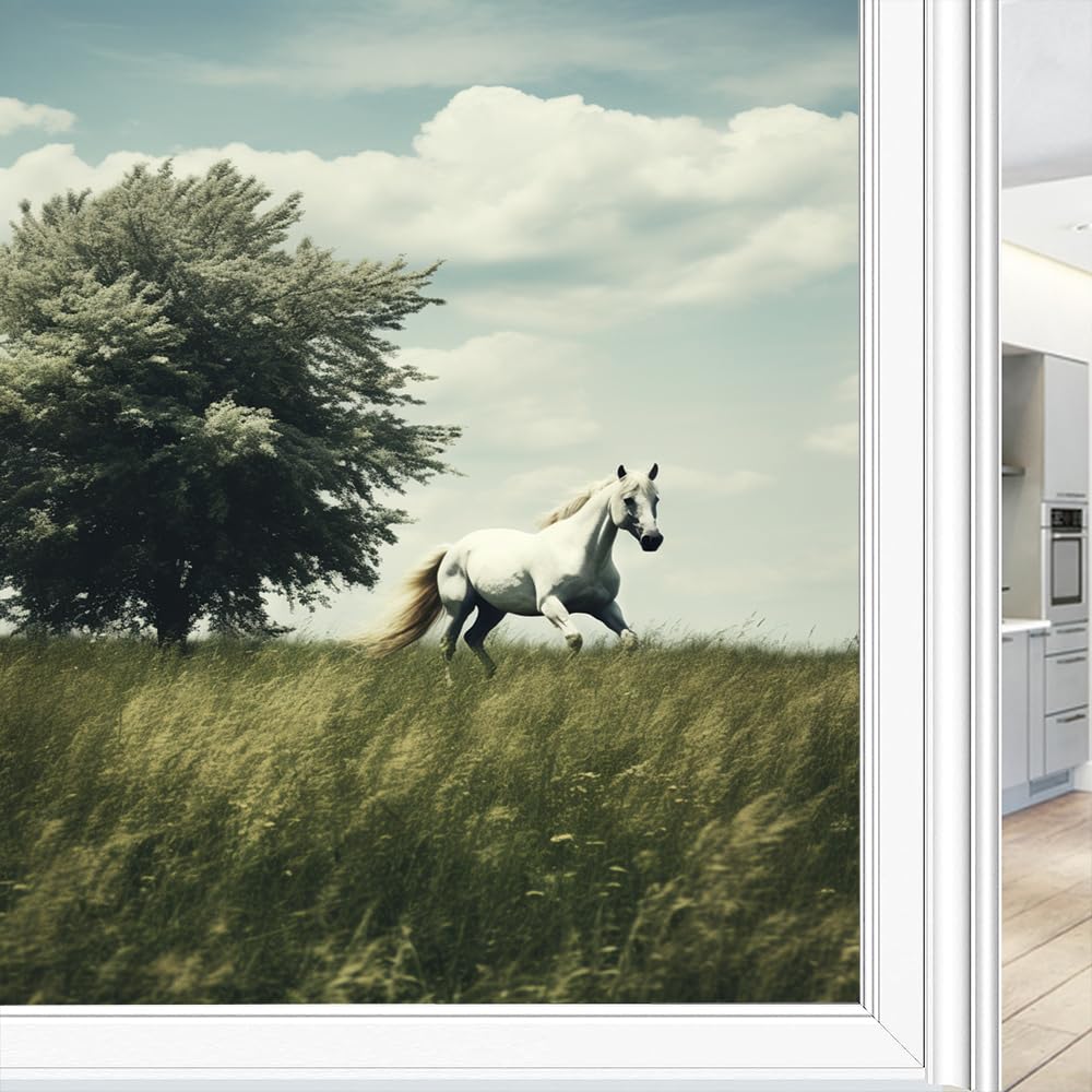 Abstraktes Pferd, Sichtschutzfolie für Fenster, Landfeld, Natur, Tier, Milchglas, Fensterfolie, dekorativ, statisch haftend, für Glas, für Zuhause, 80 x 140 cm