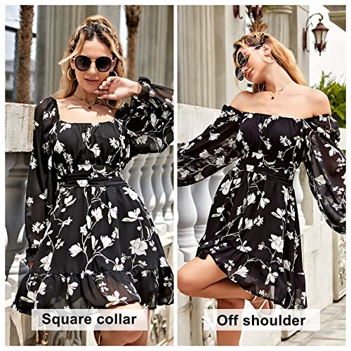 Exlura Women Tie Back Wedding Guest Dresses Long Lantern Sleeve Square Neck Ruffle Elastic Waist Aline Casual Mini Dress Black Floral #TOP1
