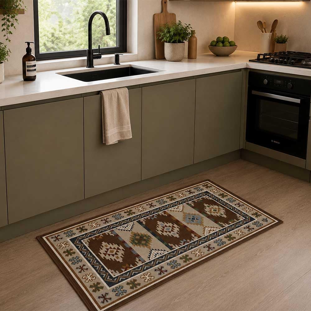OLIVO.shop | SPRINT KILIM Tapis de cuisine moderne GEOMETRIque, corsia antidérapant géométrique, différentes dimensions (55 x 280 cm, marron)