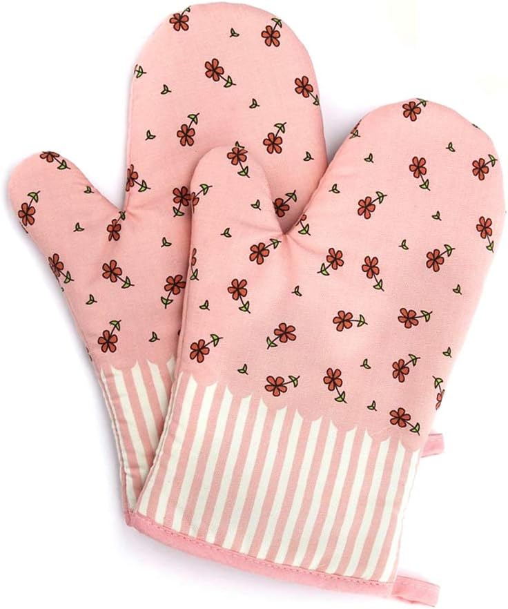 ALISKY Oven Mitts Gloves 2 Set Microwave BBQ Oven Cotton Baking Pot Mitts, Kitchen Glove Heat Resistant Cook Gloves Mitts for Cooking, Baking, Barbecue Potholder, Present (Pink)
