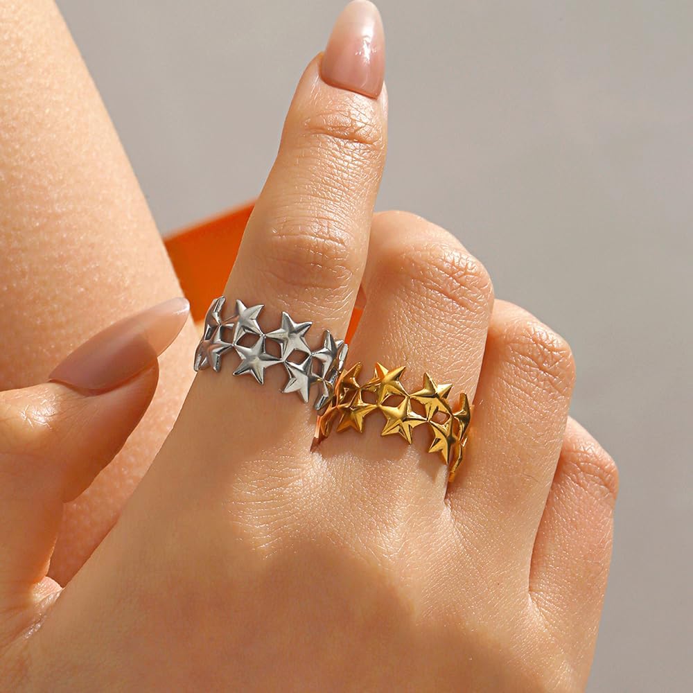 Cute Star Open Eternity Promise Rings for Women Men Stainless Steel Adjustable Finger Knuckle Statement Ring Dainty Luck Star Stackable Wedding Middle Band Minimalist Comfort Fit Fashion Jewelry - Image 2