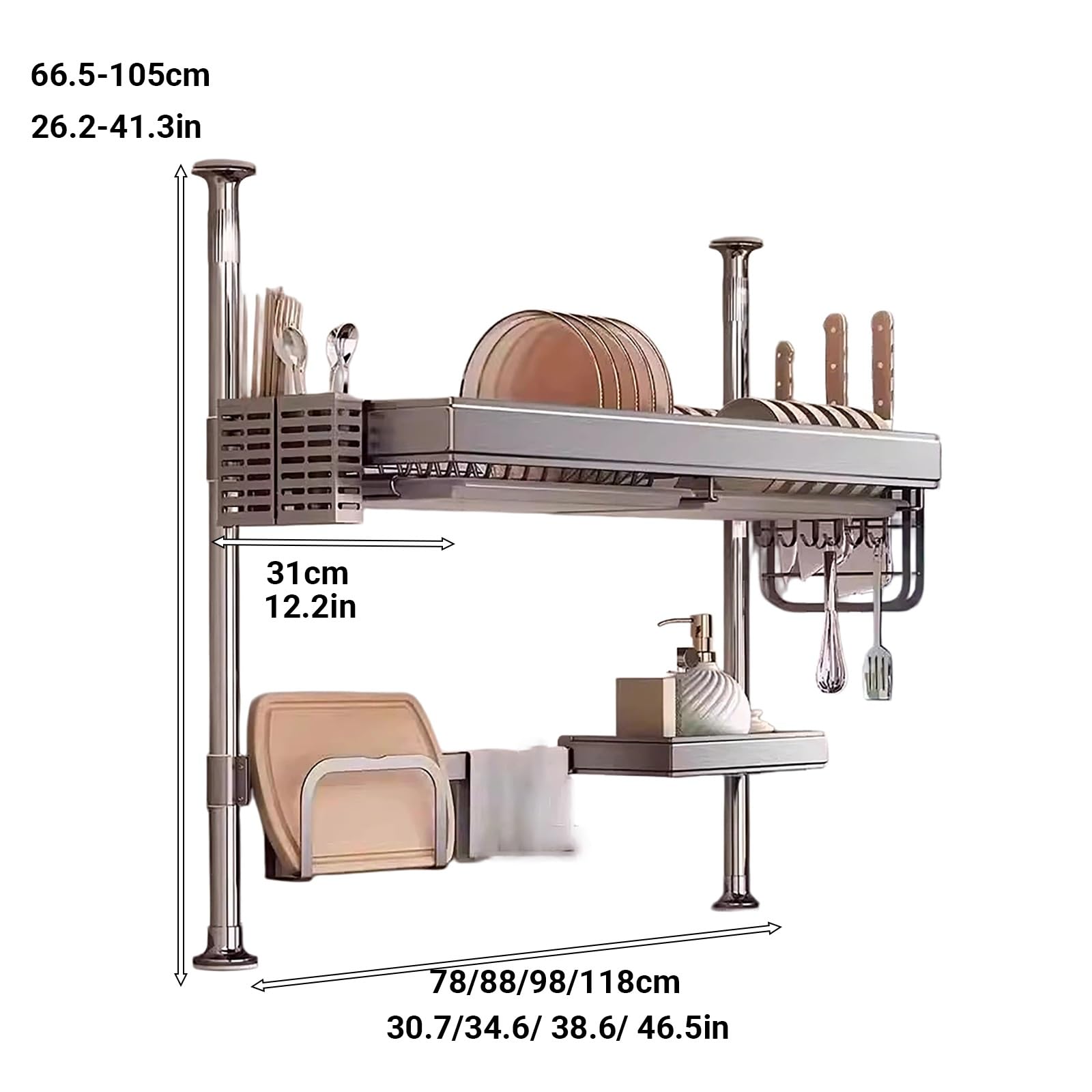 Scolapiatti sopra il lavello, organizer da cucina espandibile in acciaio inox, lunghezza regolabile 66,5-104,9 cm, ripiano singolo per piano di lavoro