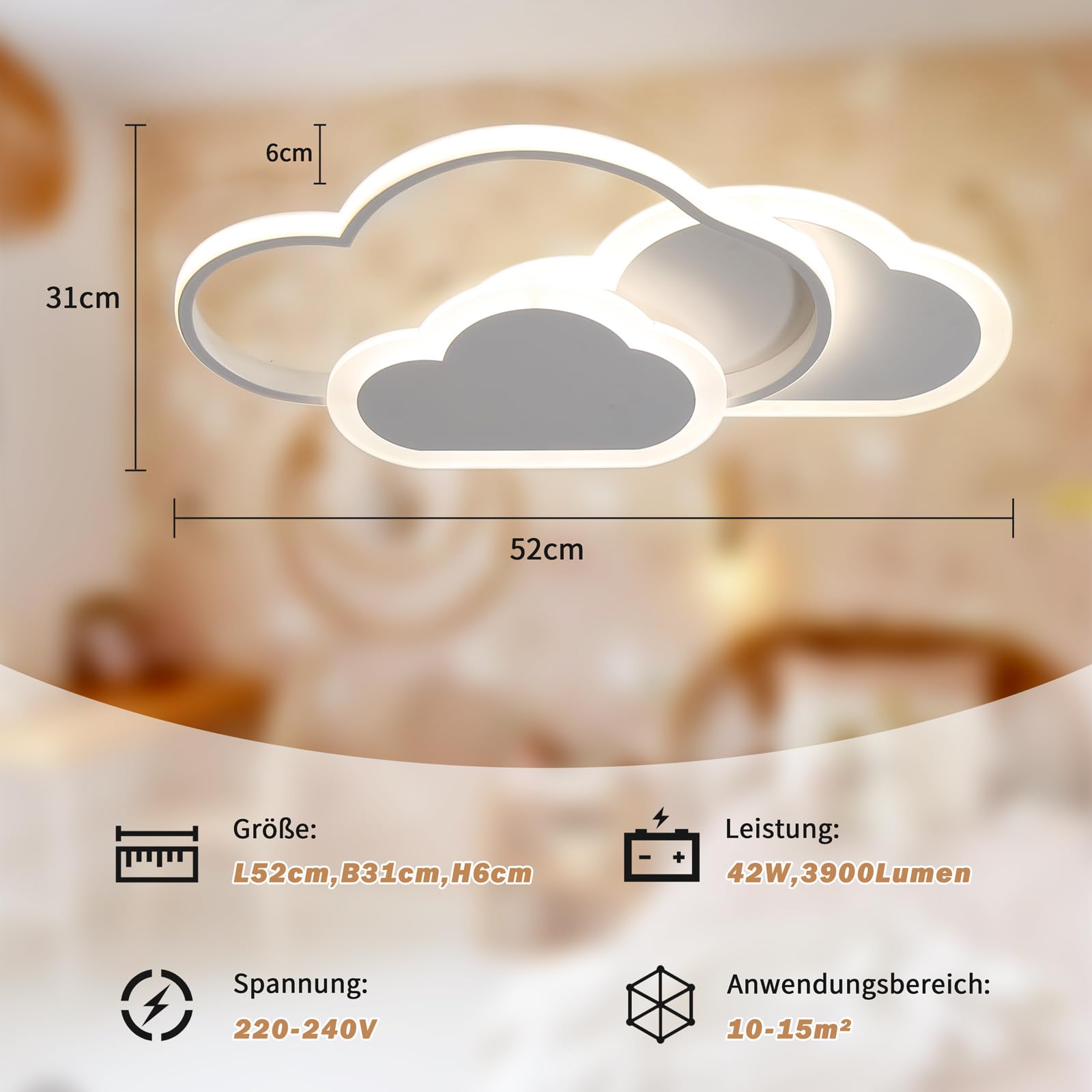 Plafoniera Cameretta Bambini - 42W Telecomando 3000-6000K Lampadario Nuvola Cameretta Bambini Dimmerabili,52CM Plafoniera LED Soffitto per Soggiorno Camera da letto Camera dei Bambini