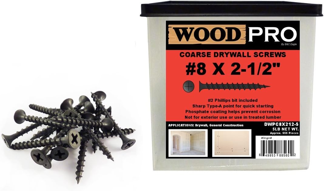 WoodPro Fasteners DWPC8X212-5 No 2 Phillips 5-Pound Net Weight No 8 by 2-1/2-Inch Coarse Drywall Screws, 555-Piece, Black