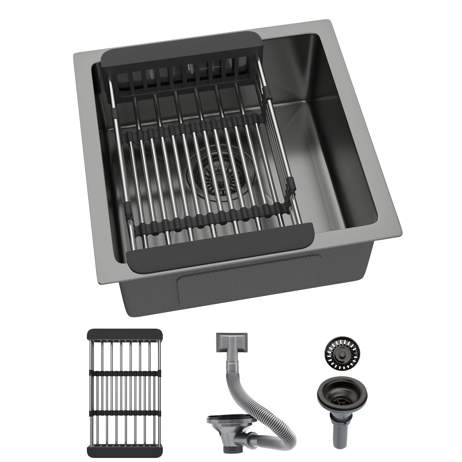 Geworzi Stainless Steel Sink - 40 x 40 cm Undermount Kitchen Sink, Small Square Sinks with Overflow, 1 Bowl, Undermount & Flushmount, Black