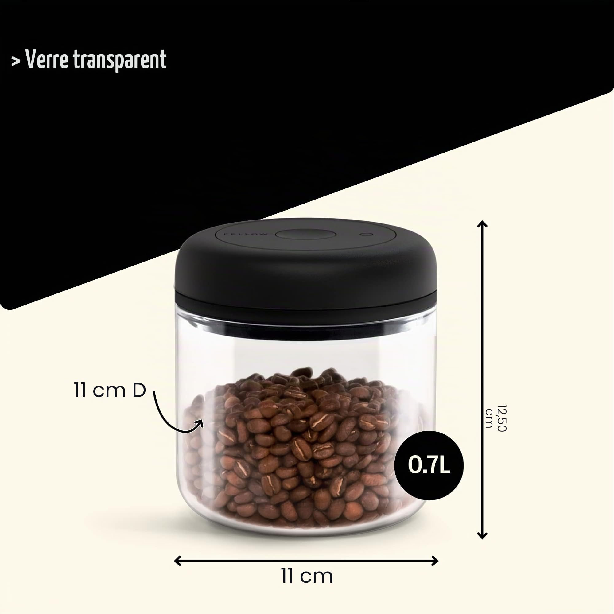 Fellow Récipient sous vide pour le stockage du café et des aliments, pompe à vide intégrée, joint hermétique 0,7 litre Verre propre