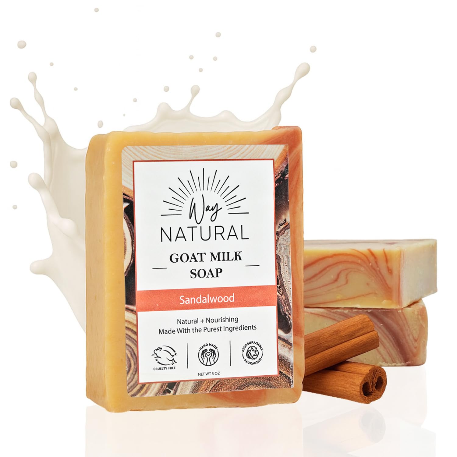 Way Natural Sandalwood Soap Bar (3 Pack) - Goat Milk Soap for Men & Women - Natural, Handmade w/Real Milk - Dry Skin, Hands/Body - Premium, Gentle, No