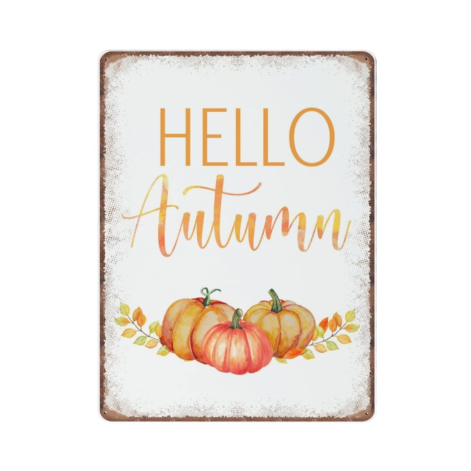 Dreacoss Material_tin 8 Hello Autumn Tin Signs, Fall Autumn Wall Art, Retro Funny Metal Sign Vintage Poster Wall Art For Kitchen Garden Bathroom Farm Home Coffee Decor Tin Sign, 30X40 Cm
