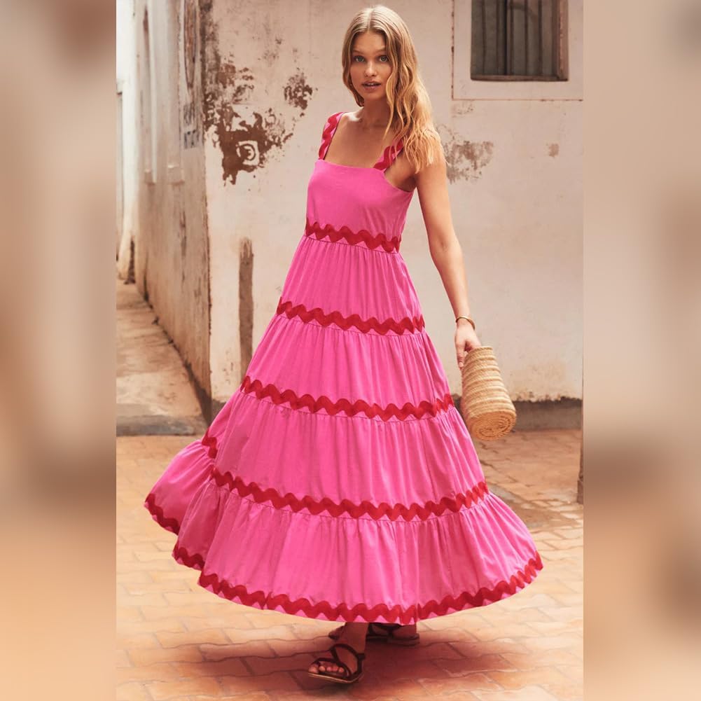 ODIZLI Women Spaghetti Straps Sleeveless Smocked Sundresses Long Flowy A-Line Midi Dress Summer